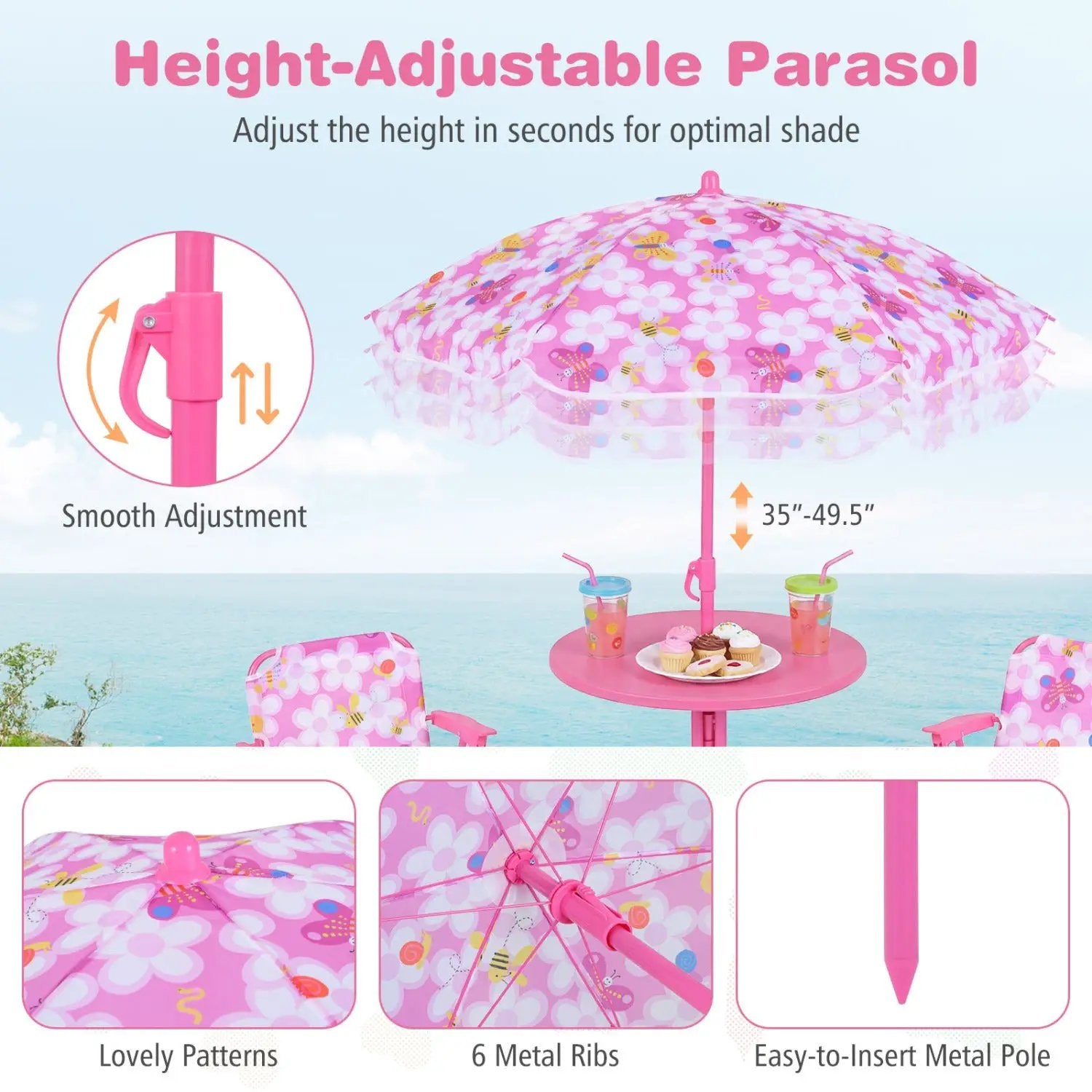 Kids Outdoor Table and Chair Set with 2 Folding Chairs and Height Adjustable Umbrella by DirectDeals