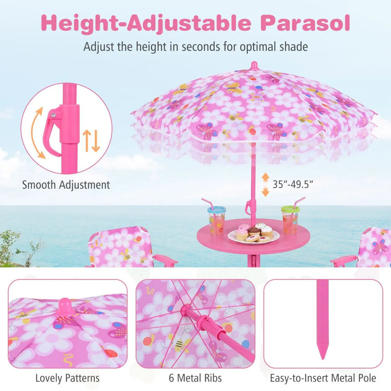 Kids Outdoor Table and Chair Set with 2 Folding Chairs and Height Adjustable Umbrella by DirectDeals