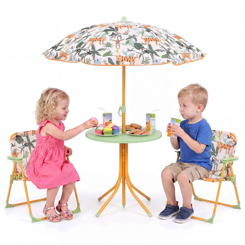Kids Outdoor Table and Chair Set with 2 Folding Chairs and Height Adjustable Umbrella by DirectDeals