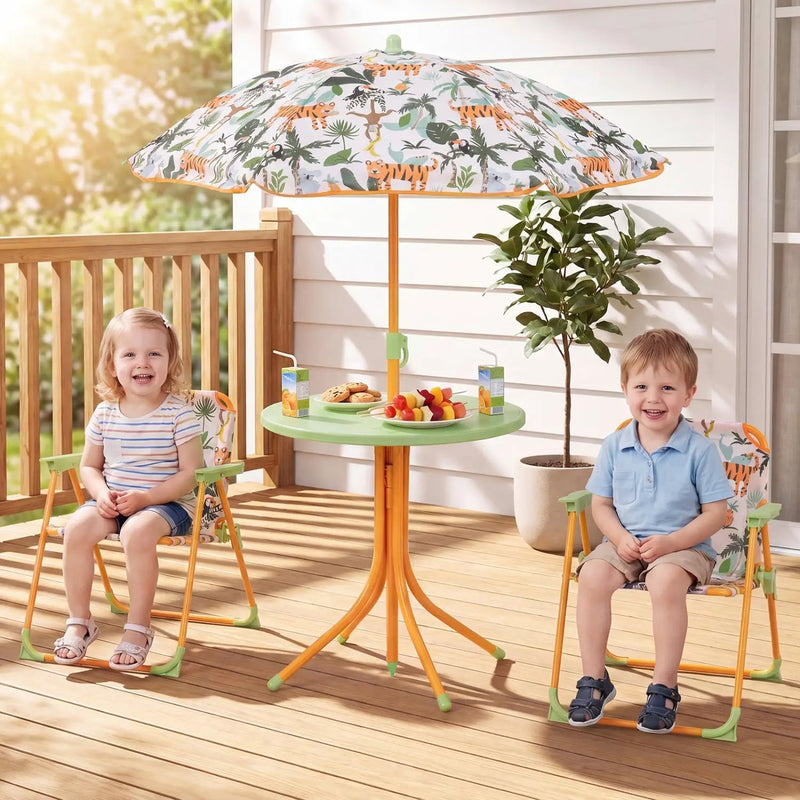 Kids Outdoor Table and Chair Set with 2 Folding Chairs and Height Adjustable Umbrella by DirectDeals