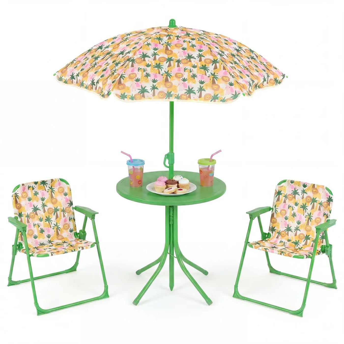 Kids Outdoor Table and Chair Set with 2 Folding Chairs and Height Adjustable Umbrella by DirectDeals