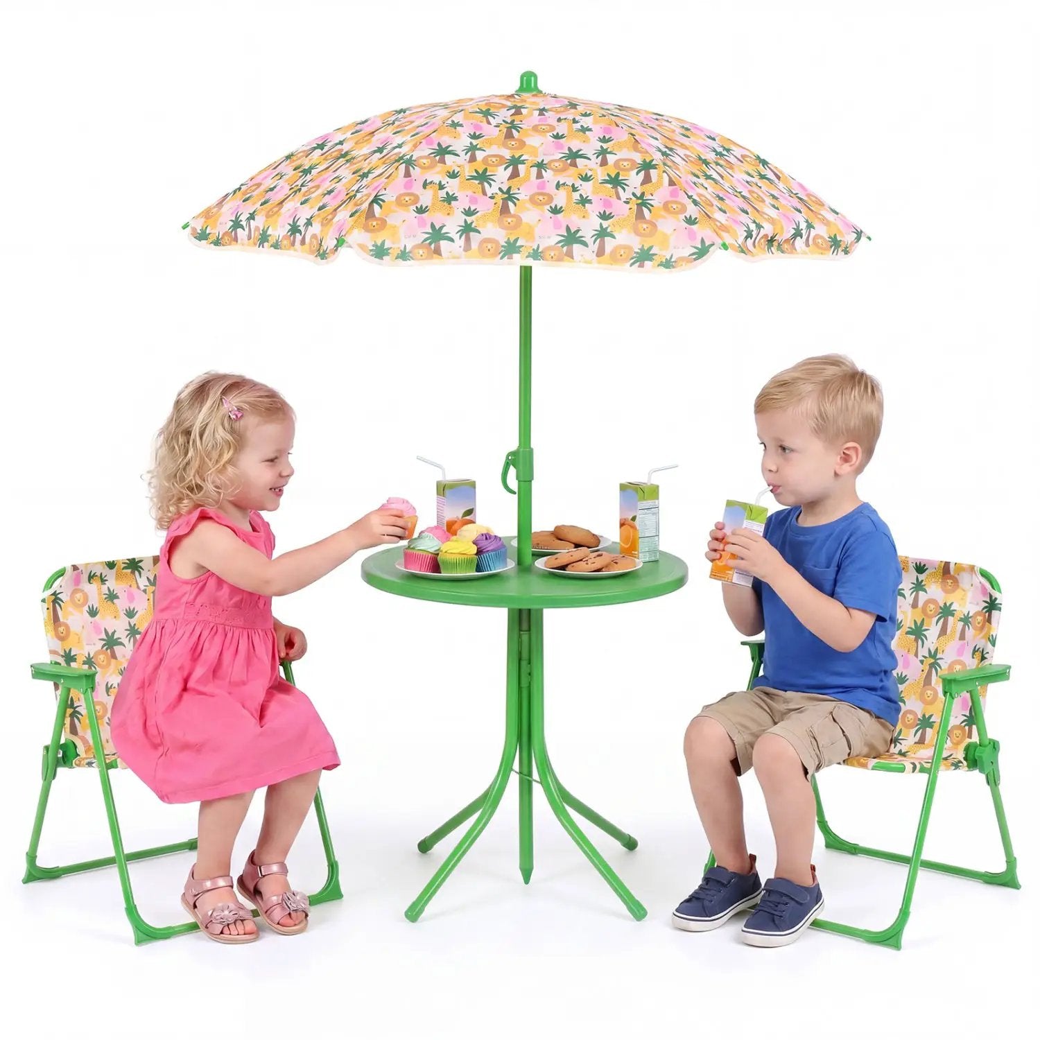 Kids Outdoor Table and Chair Set with 2 Folding Chairs and Height Adjustable Umbrella by DirectDeals