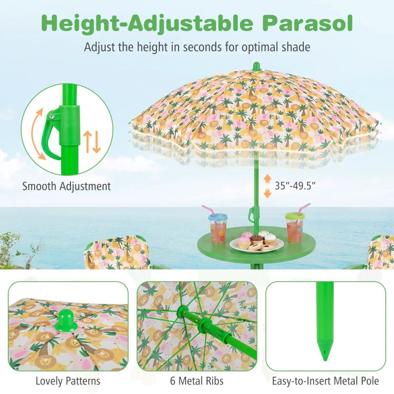 Kids Outdoor Table and Chair Set with 2 Folding Chairs and Height Adjustable Umbrella by DirectDeals