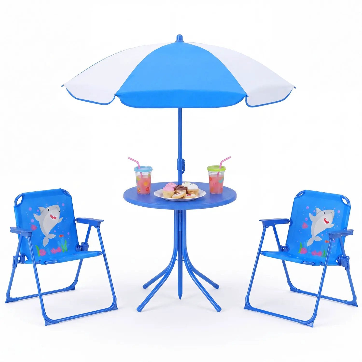 Kids Outdoor Table and Chair Set with 2 Folding Chairs and Height Adjustable Umbrella by DirectDeals