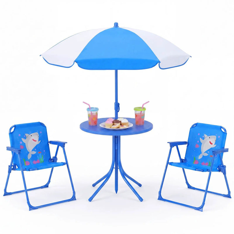Kids Outdoor Table and Chair Set with 2 Folding Chairs and Height Adjustable Umbrella by DirectDeals