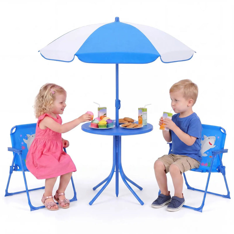 Kids Outdoor Table and Chair Set with 2 Folding Chairs and Height Adjustable Umbrella by DirectDeals