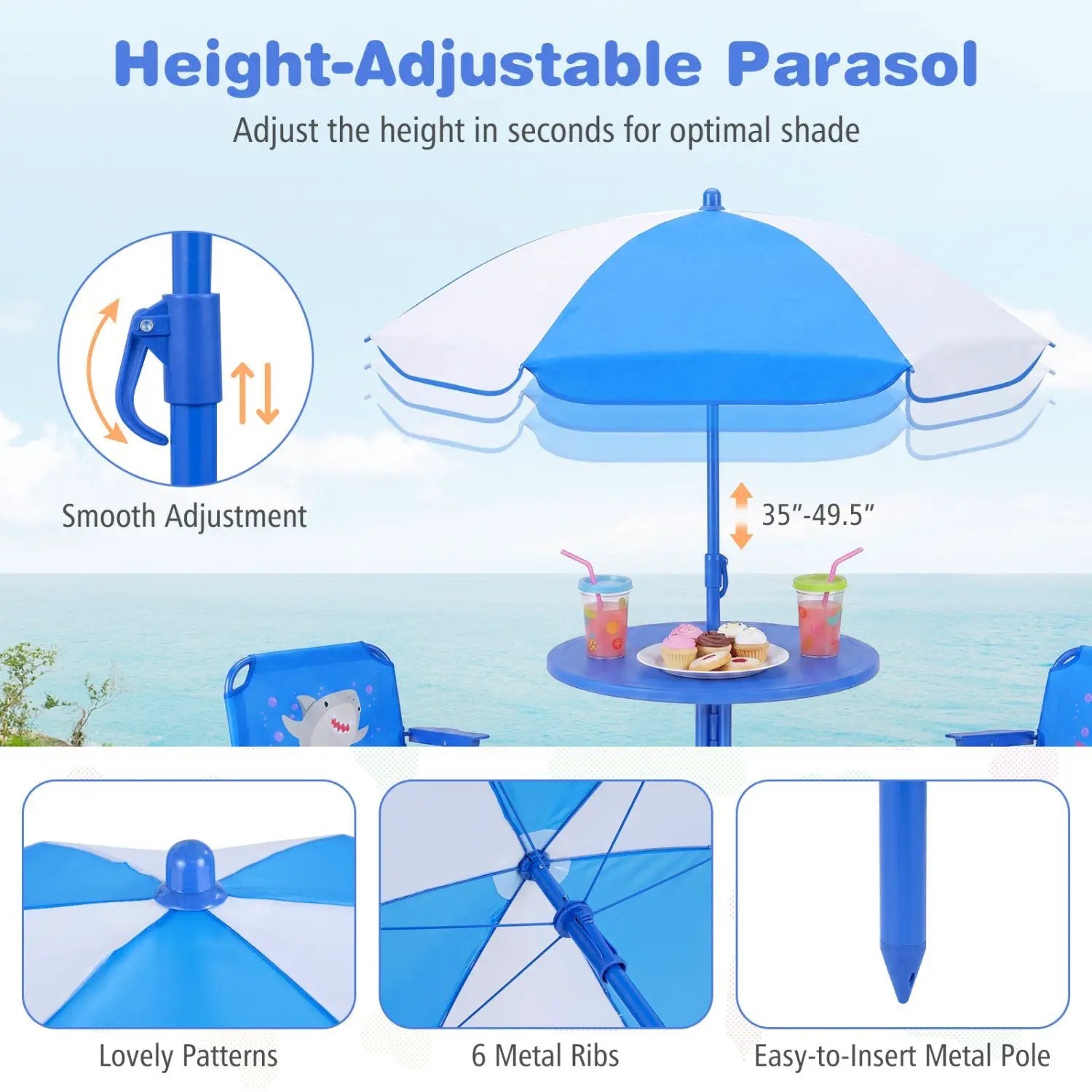 Kids Outdoor Table and Chair Set with 2 Folding Chairs and Height Adjustable Umbrella by DirectDeals
