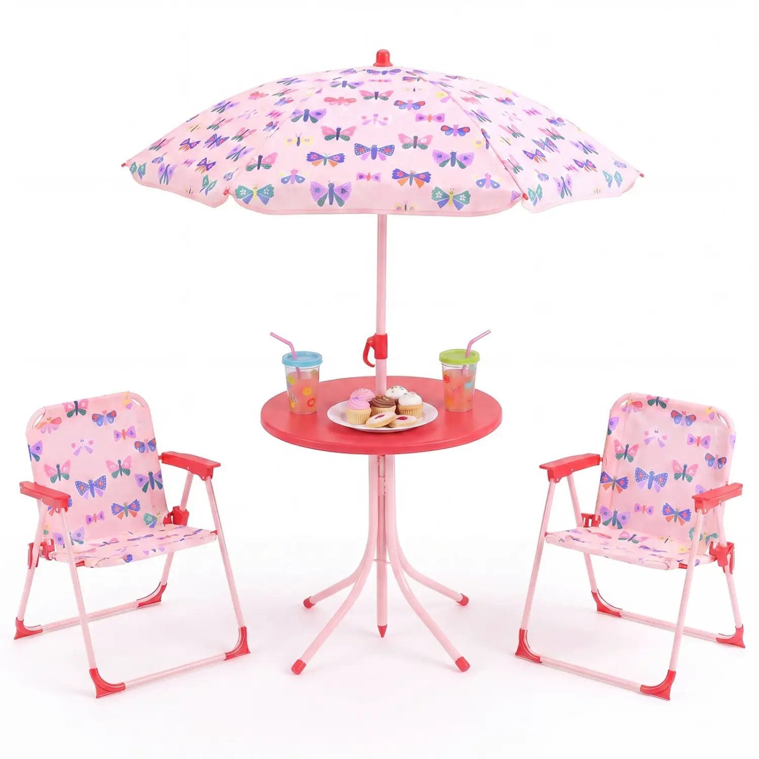 Kids Outdoor Table and Chair Set with 2 Folding Chairs and Height Adjustable Umbrella by DirectDeals