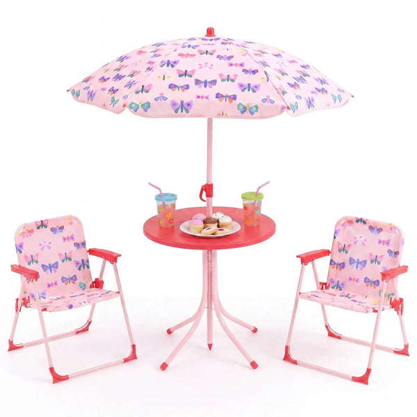 Kids Outdoor Table and Chair Set with 2 Folding Chairs and Height Adjustable Umbrella