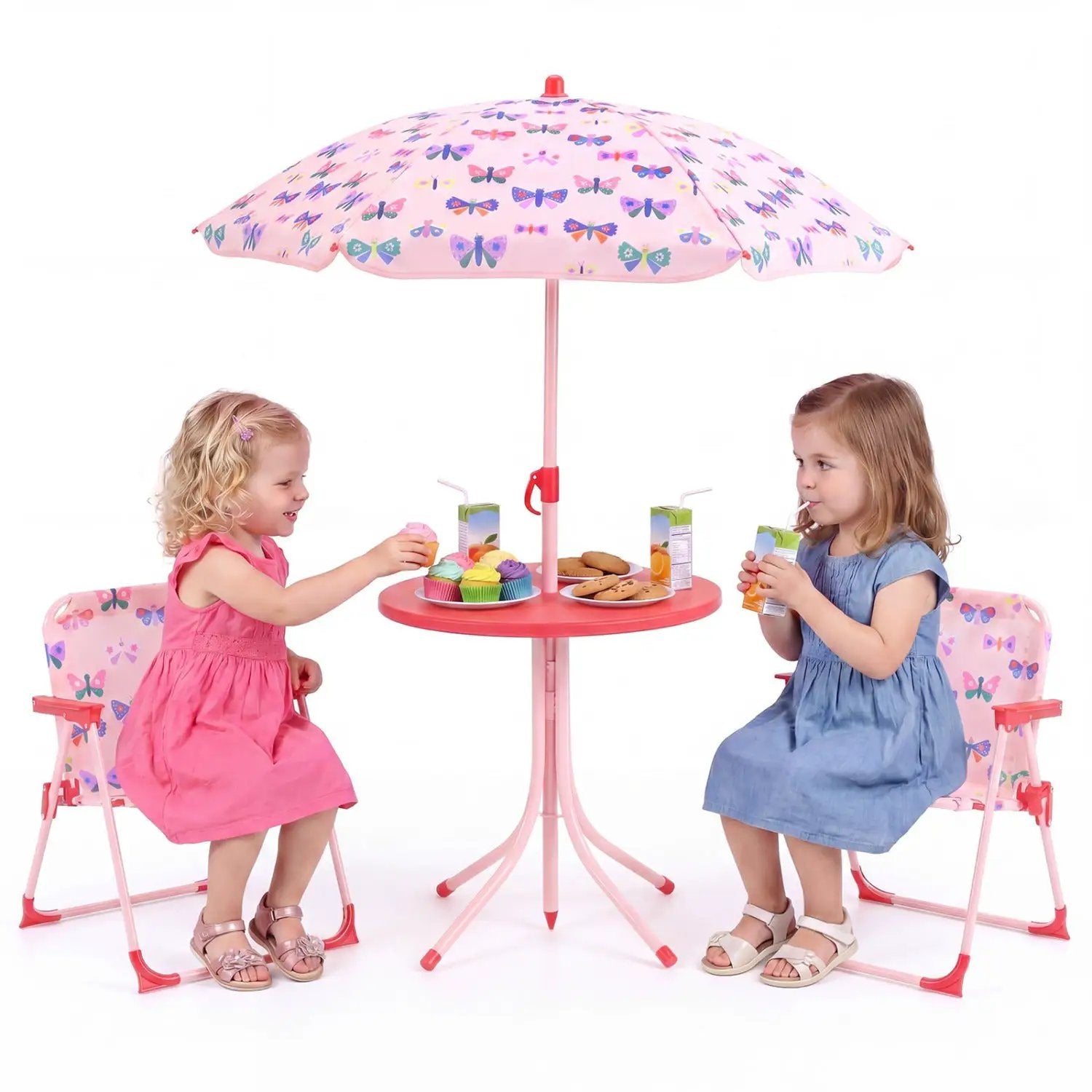 Kids Outdoor Table and Chair Set with 2 Folding Chairs and Height Adjustable Umbrella by DirectDeals