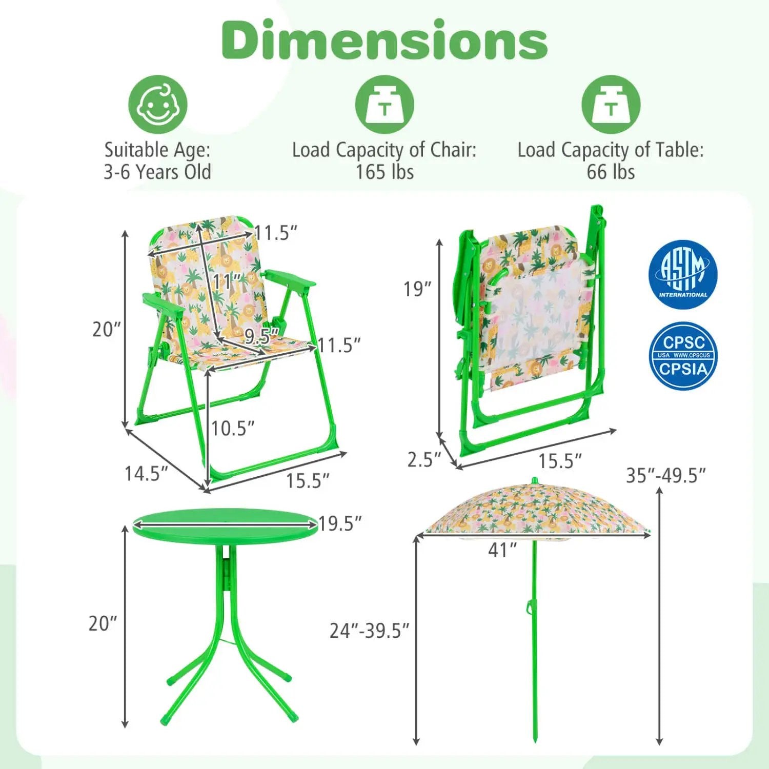 Kids Outdoor Table and Chair Set with 2 Folding Chairs and Height Adjustable Umbrella by DirectDeals
