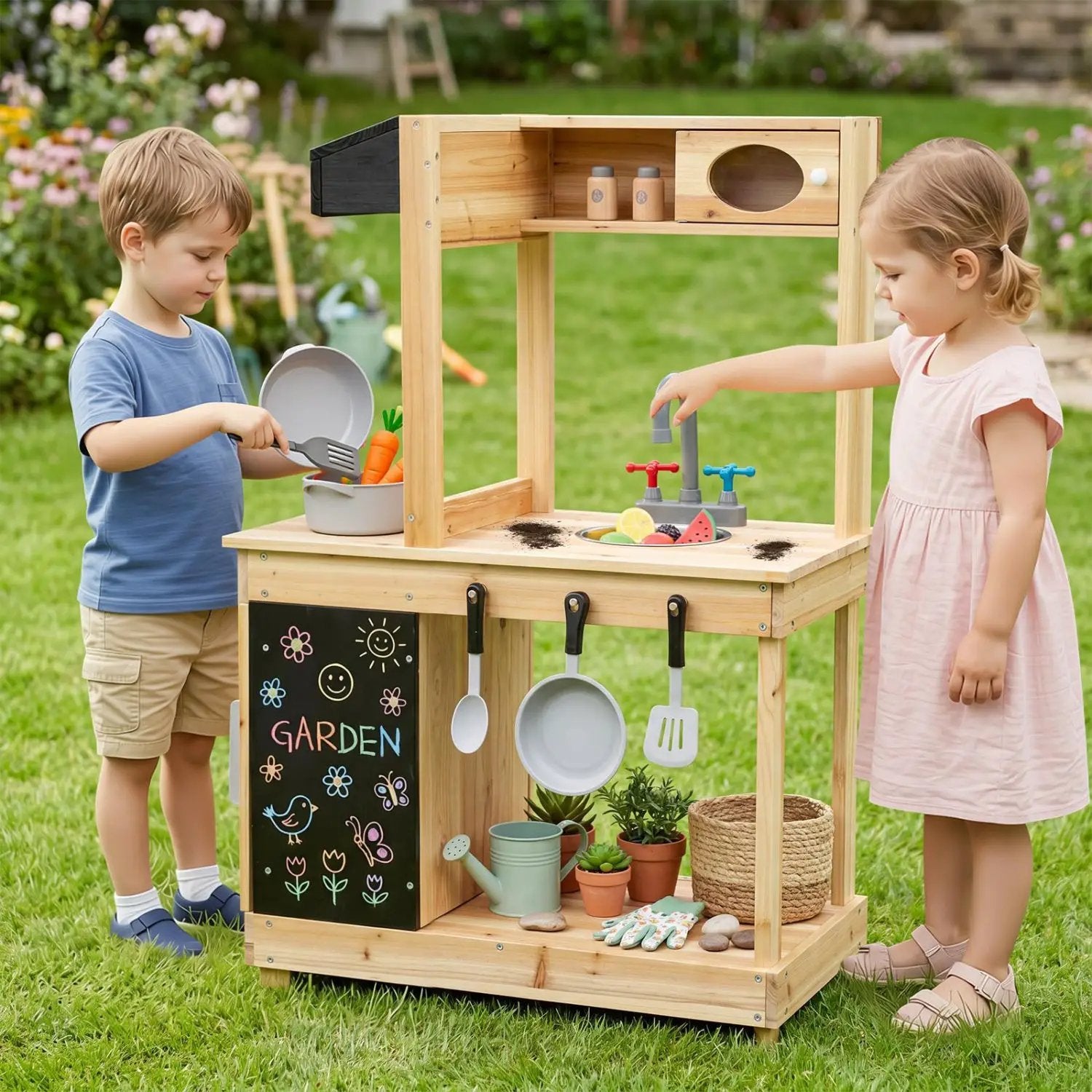 Wooden Mud Kitchen Playset with Stove and Chalkboard by DirectDeals