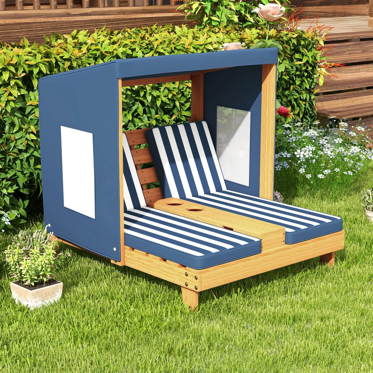Kids Patio Lounge Chair with Cup Holders and Awning by DirectDeals