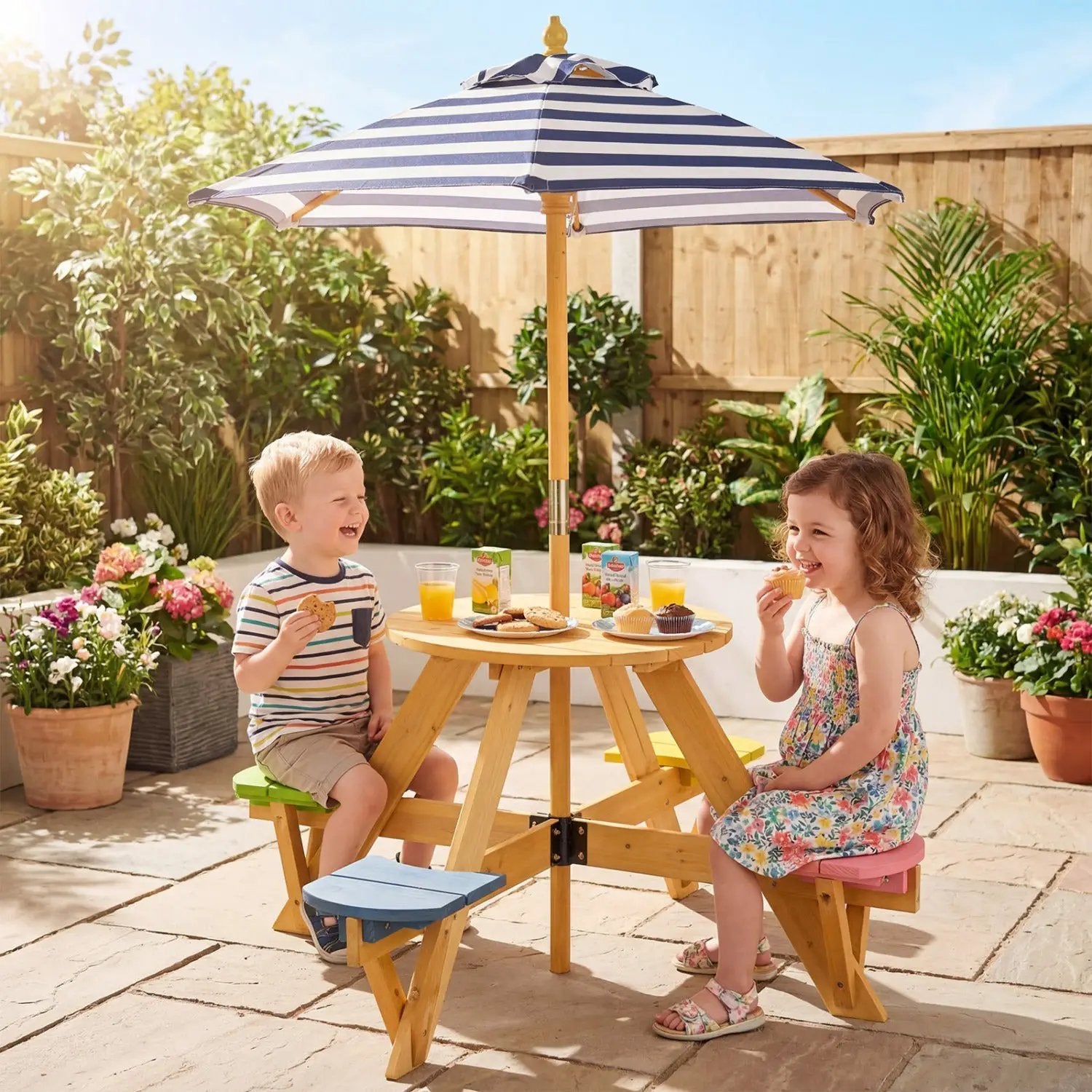Kids Picnic Table with Stools and Foldable Adjustable Umbrella for Backyard and Patio by DirectDeals