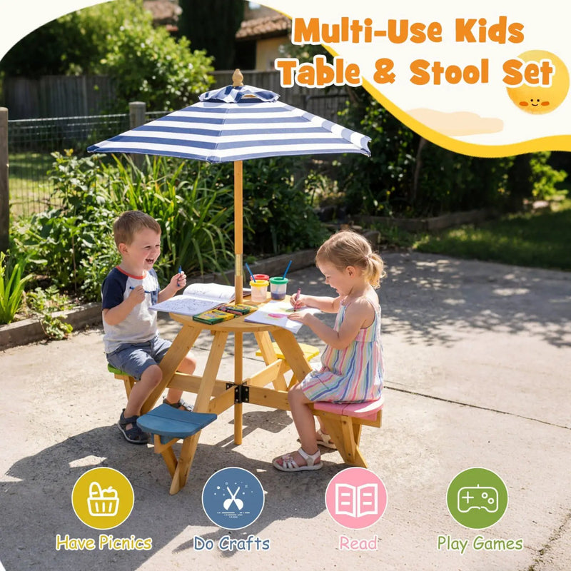 Kids Picnic Table with Stools and Foldable Adjustable Umbrella for Backyard and Patio by DirectDeals