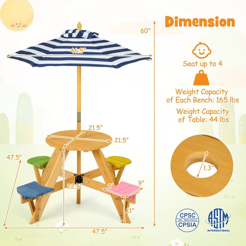 Kids Picnic Table with Stools and Foldable Adjustable Umbrella for Backyard and Patio by DirectDeals