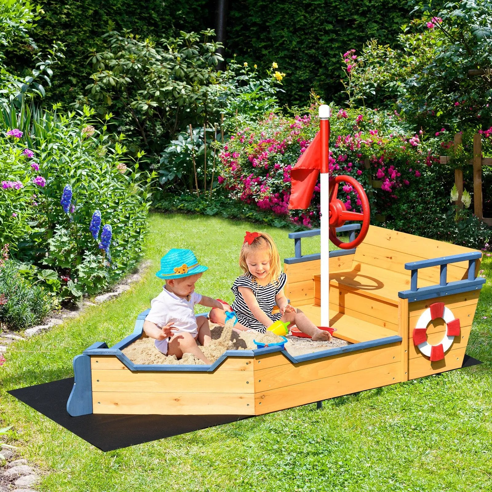 Kids Pirate Boat Wooden Sandbox Children Outdoor Playset by DirectDeals