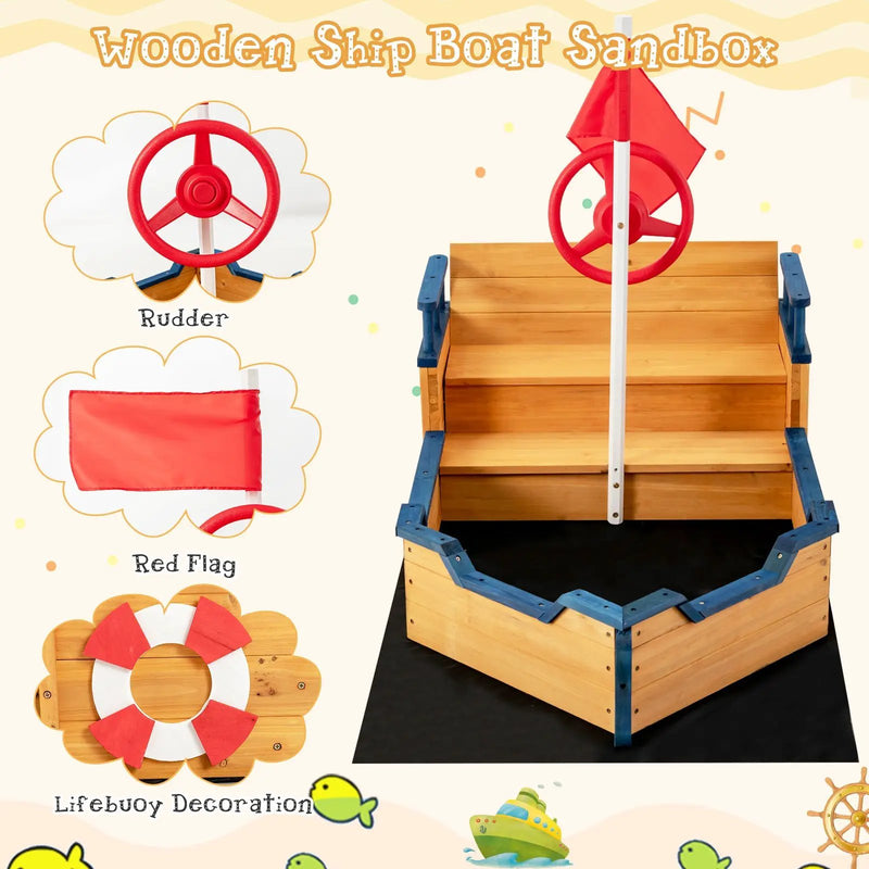 Kids Pirate Boat Wooden Sandbox Children Outdoor Playset by DirectDeals
