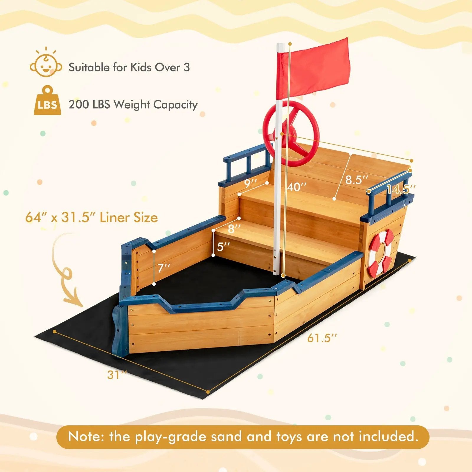 Kids Pirate Boat Wooden Sandbox Children Outdoor Playset by DirectDeals