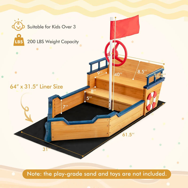 Kids Pirate Boat Wooden Sandbox Children Outdoor Playset by DirectDeals
