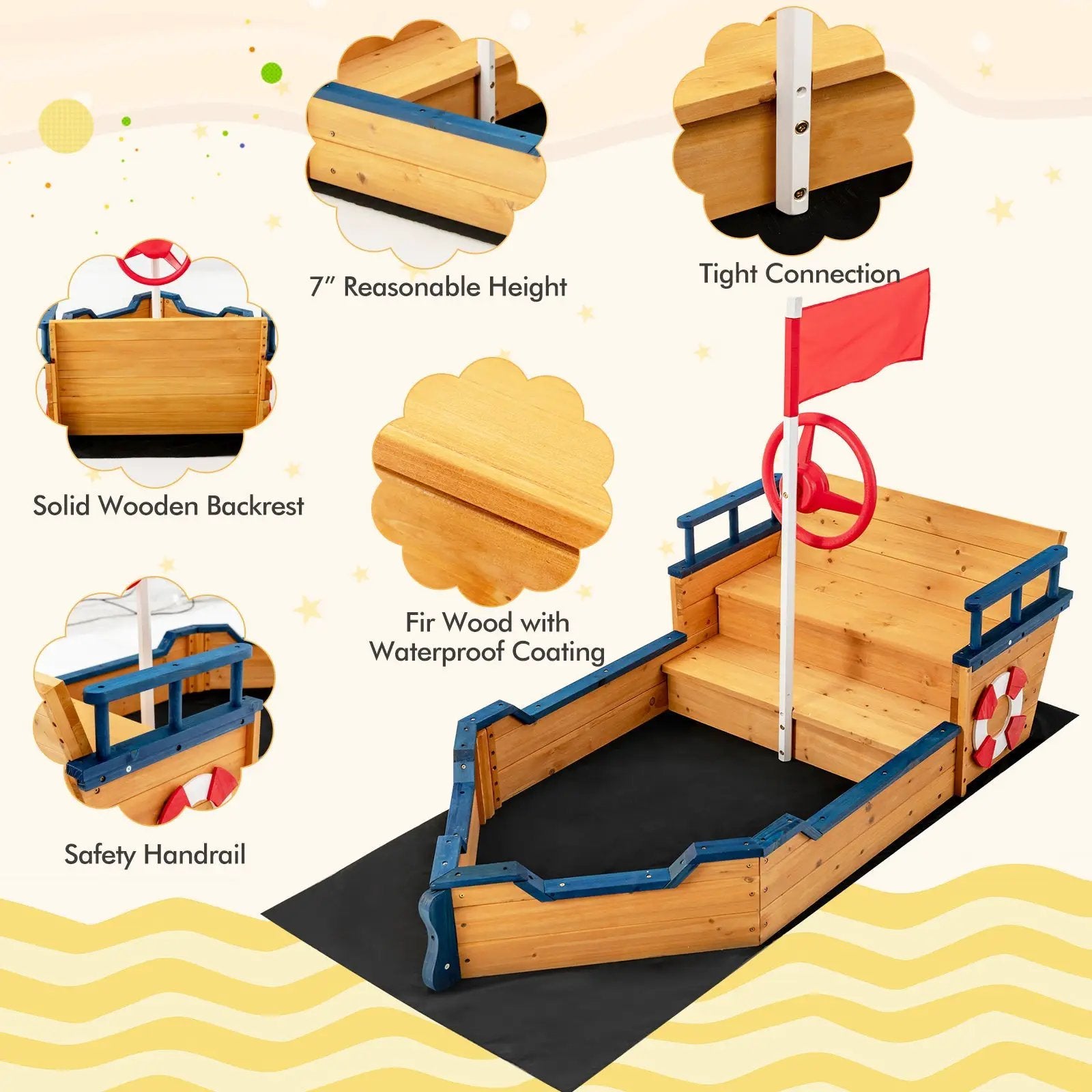 Kids Pirate Boat Wooden Sandbox Children Outdoor Playset by DirectDeals