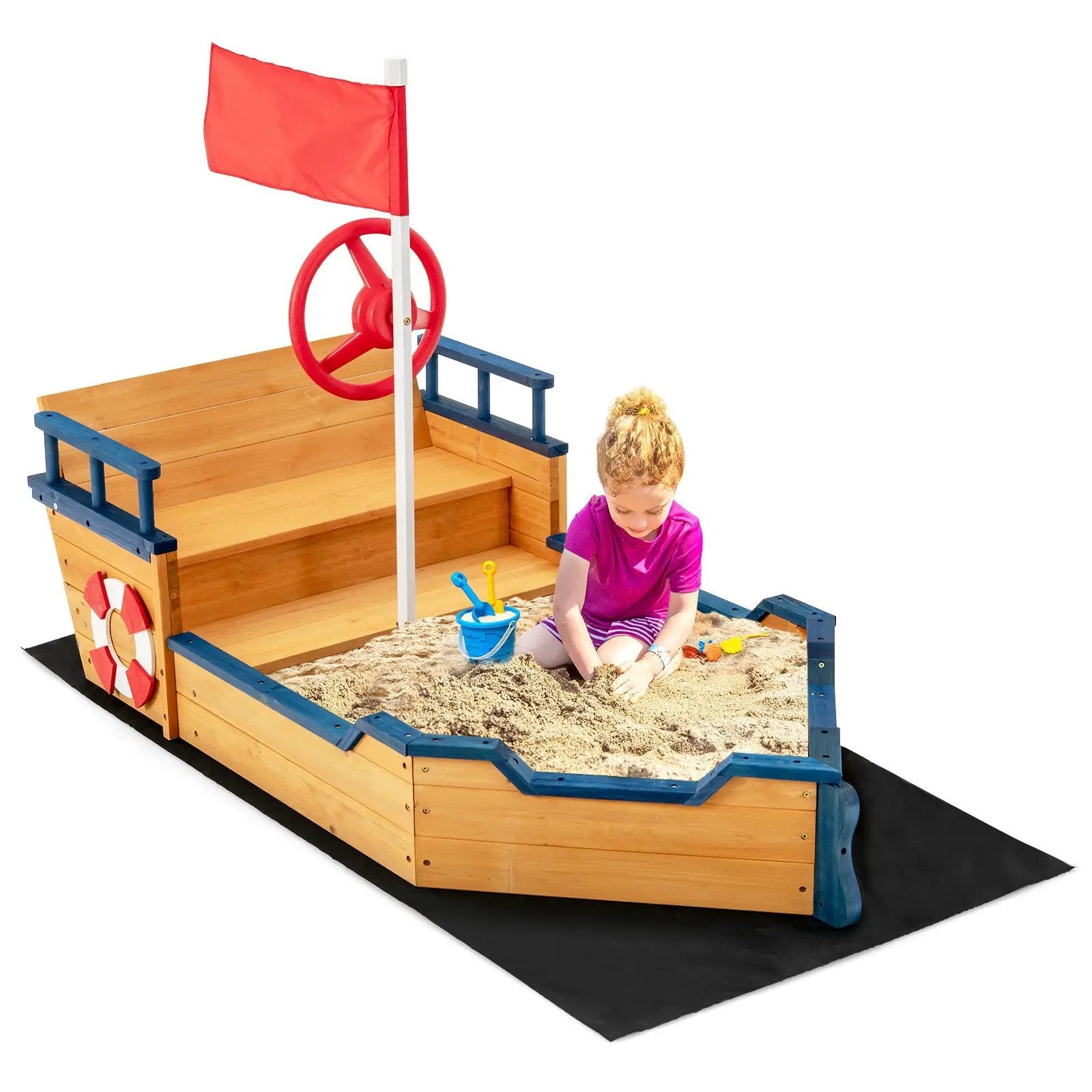 Kids Pirate Boat Wooden Sandbox Children Outdoor Playset by DirectDeals