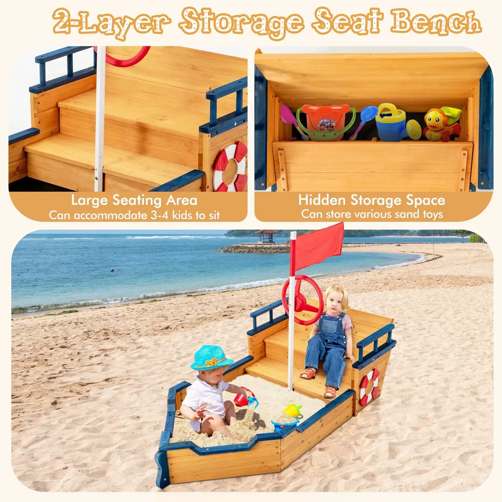 Kids Pirate Boat Wooden Sandbox Children Outdoor Playset by DirectDeals