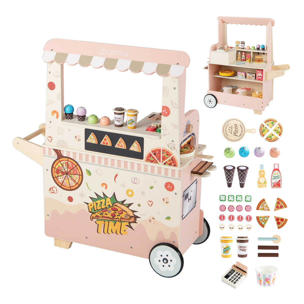 Kids Pizza Food Truck Wooden Pretend Play Snack Cart with Oven-Pink, photo 3 of 10