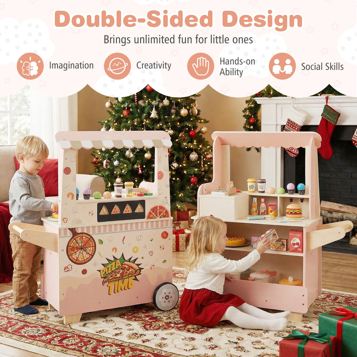 Kids Pizza Food Truck Wooden Pretend Play Snack Cart with Oven-Pink, photo 6 of 10
