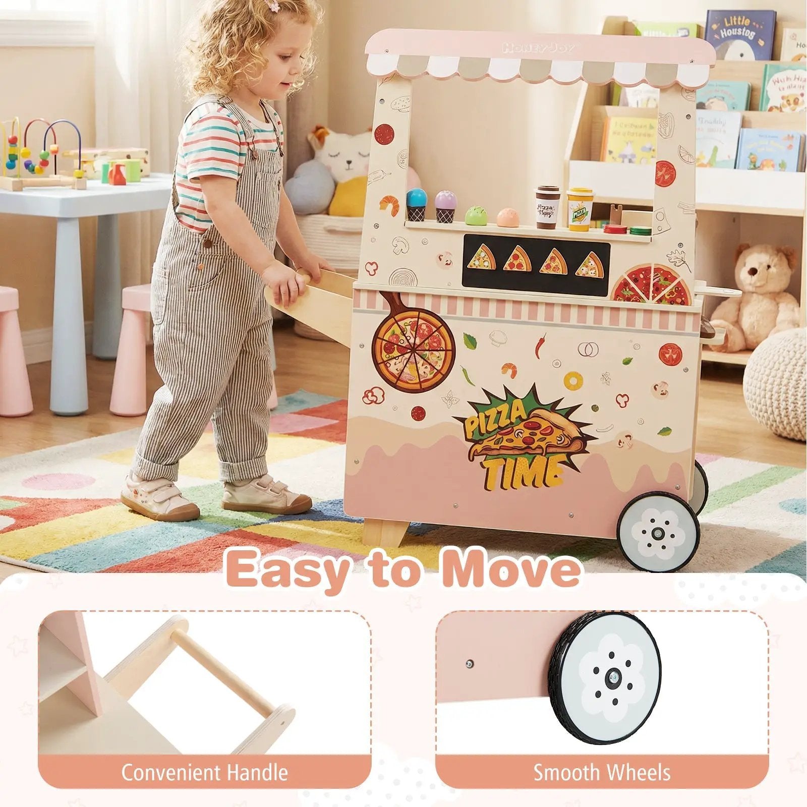 Kids Pizza Food Truck Wooden Pretend Play Snack Cart with Oven-Pink by DirectDeals
