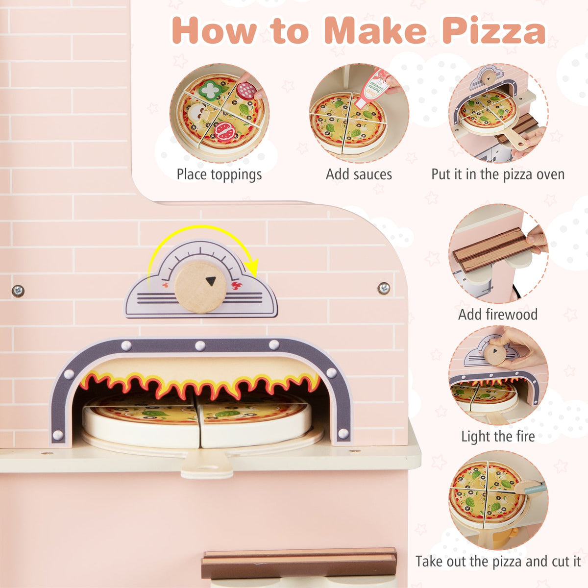 Kids Pizza Food Truck Wooden Pretend Play Snack Cart with Oven-Pink, photo 8 of 10