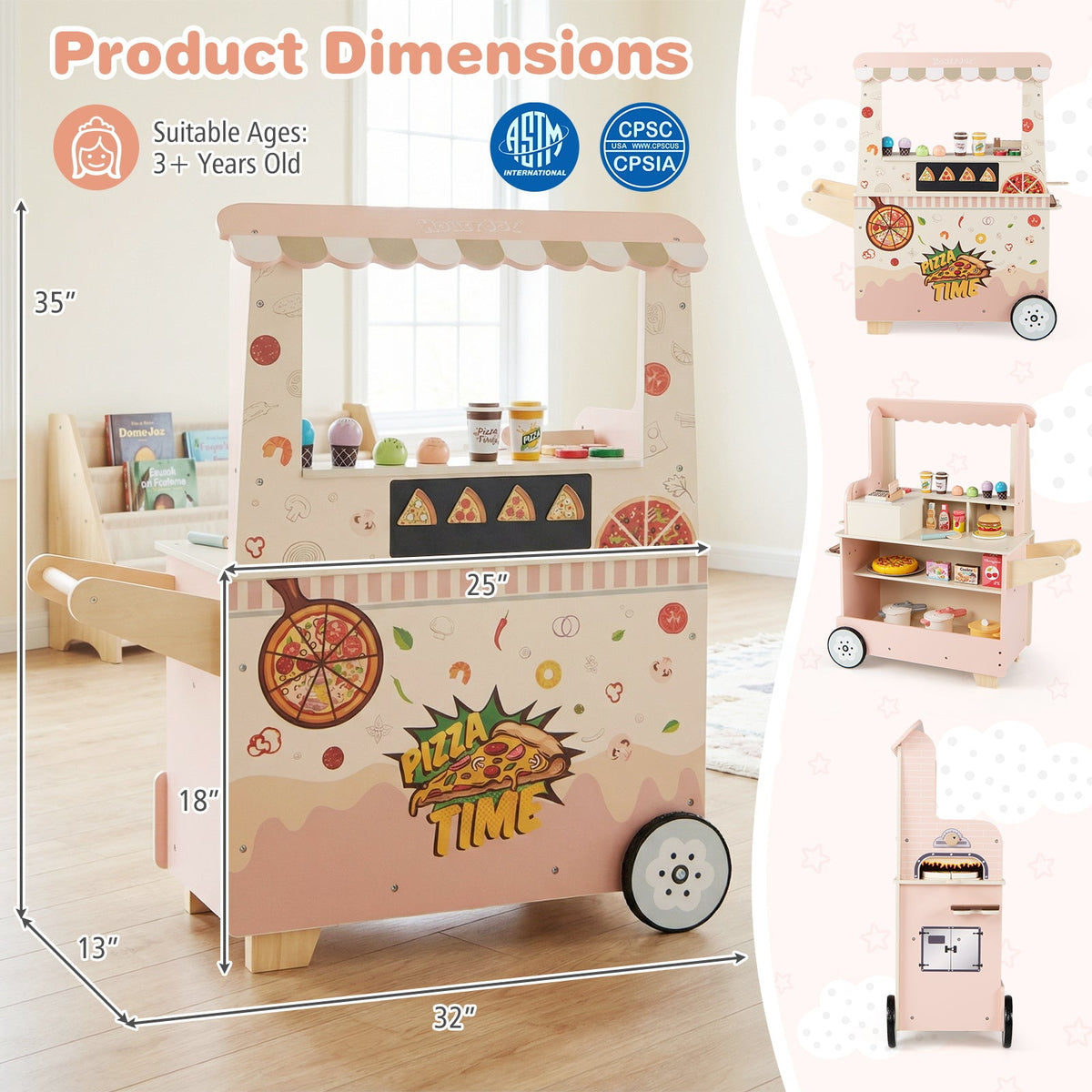 Kids Pizza Food Truck Wooden Pretend Play Snack Cart with Oven-Pink, photo 5 of 10