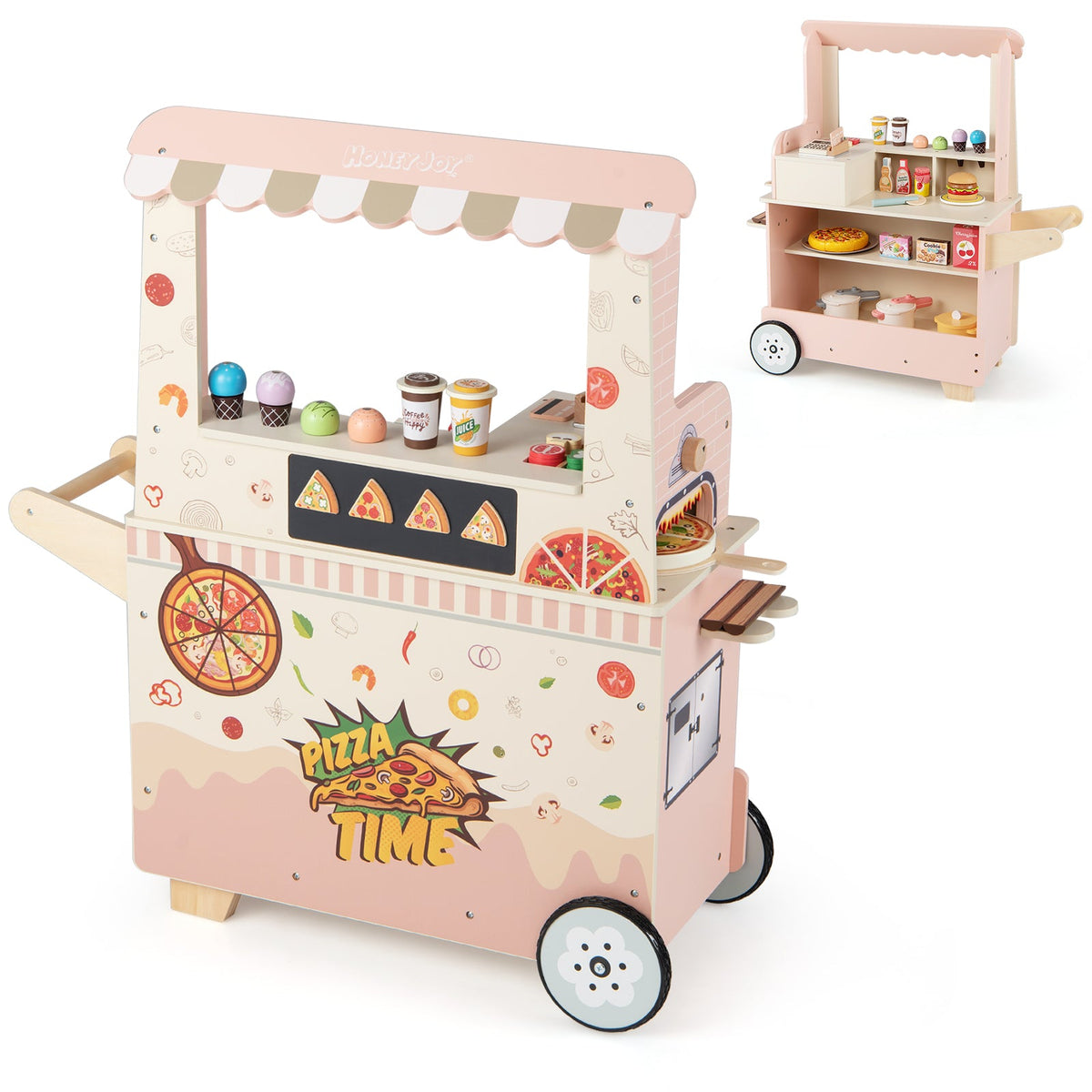 Kids Pizza Food Truck Wooden Pretend Play Snack Cart with Oven-Pink, photo 4 of 10