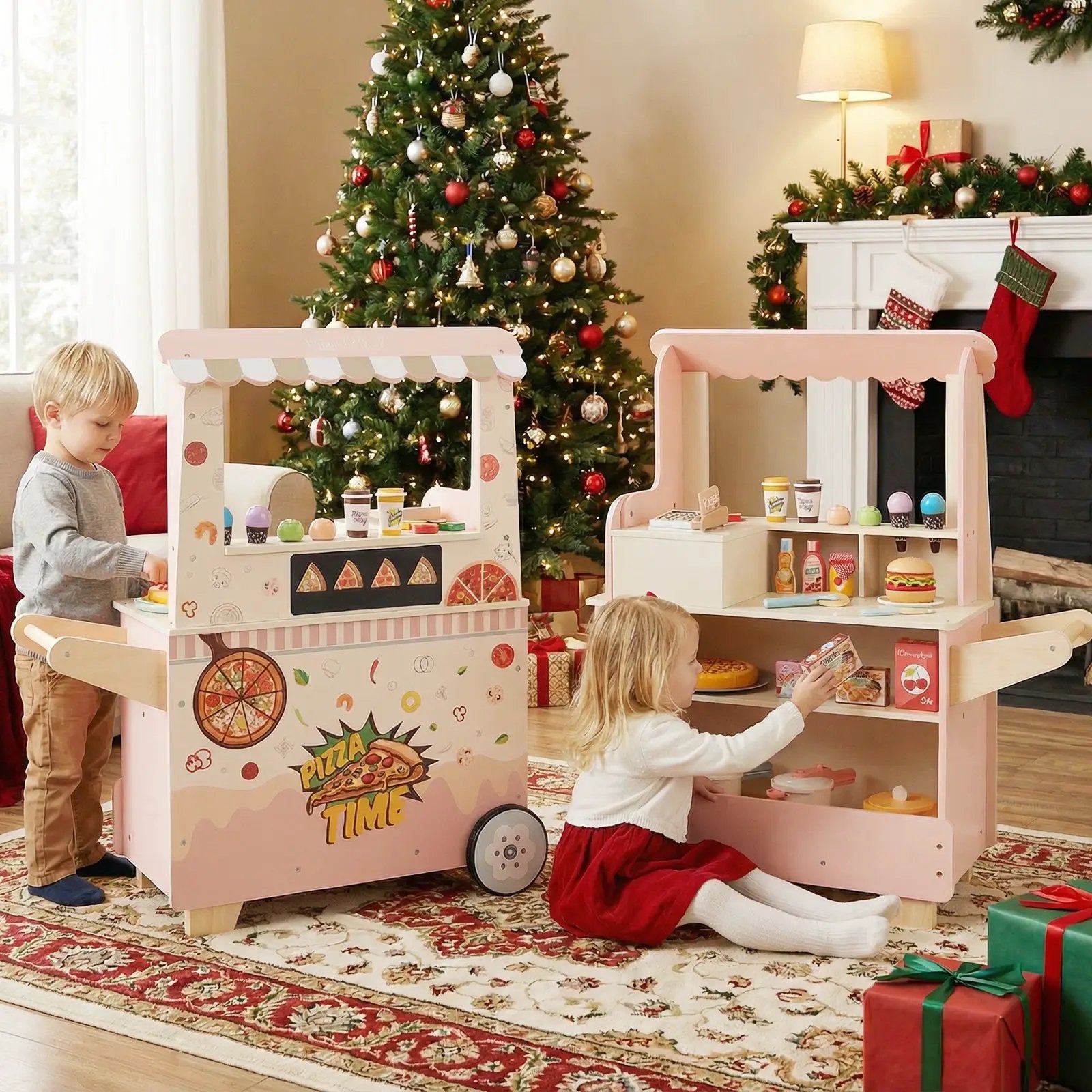Kids Pizza Food Truck Wooden Pretend Play Snack Cart with Oven-Pink by DirectDeals