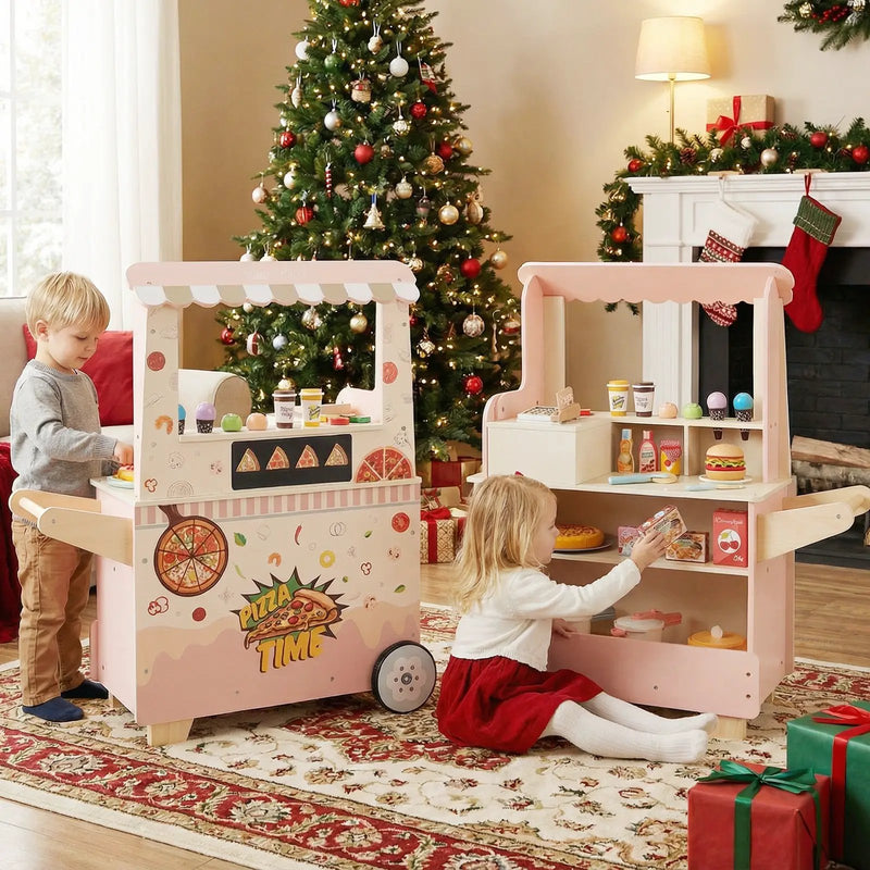 Kids Pizza Food Truck Wooden Pretend Play Snack Cart with Oven-Pink by DirectDeals