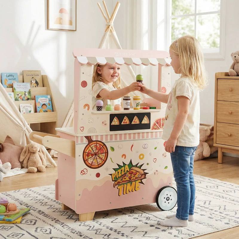 Kids Pizza Food Truck Wooden Pretend Play Snack Cart with Oven-Pink by DirectDeals