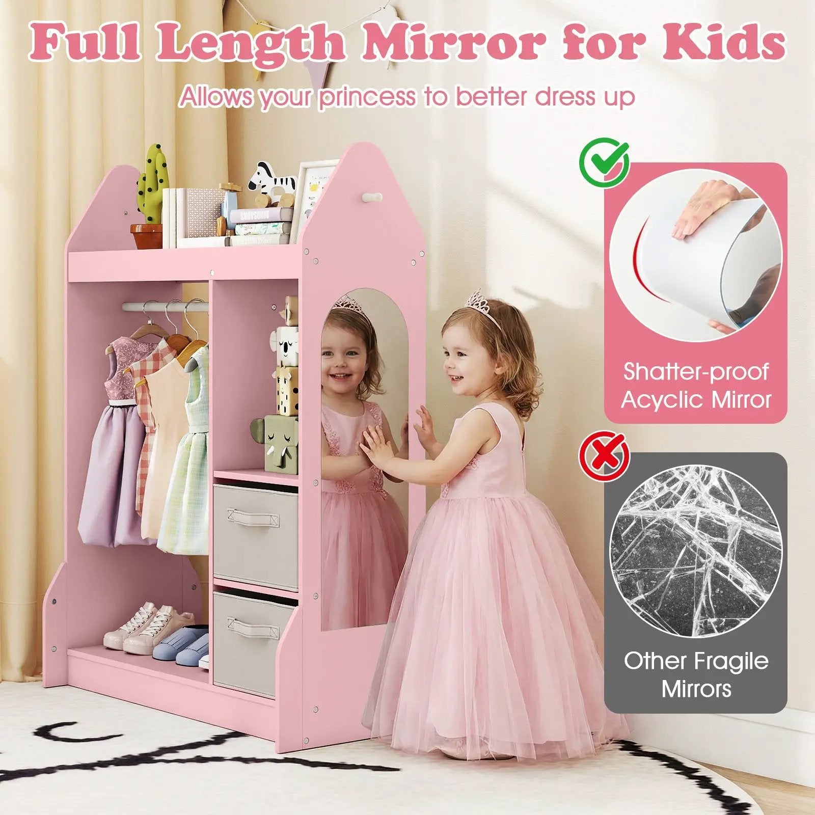 Kids Play Armoire Dresser with Cloth Hanger-Pink by DirectDeals