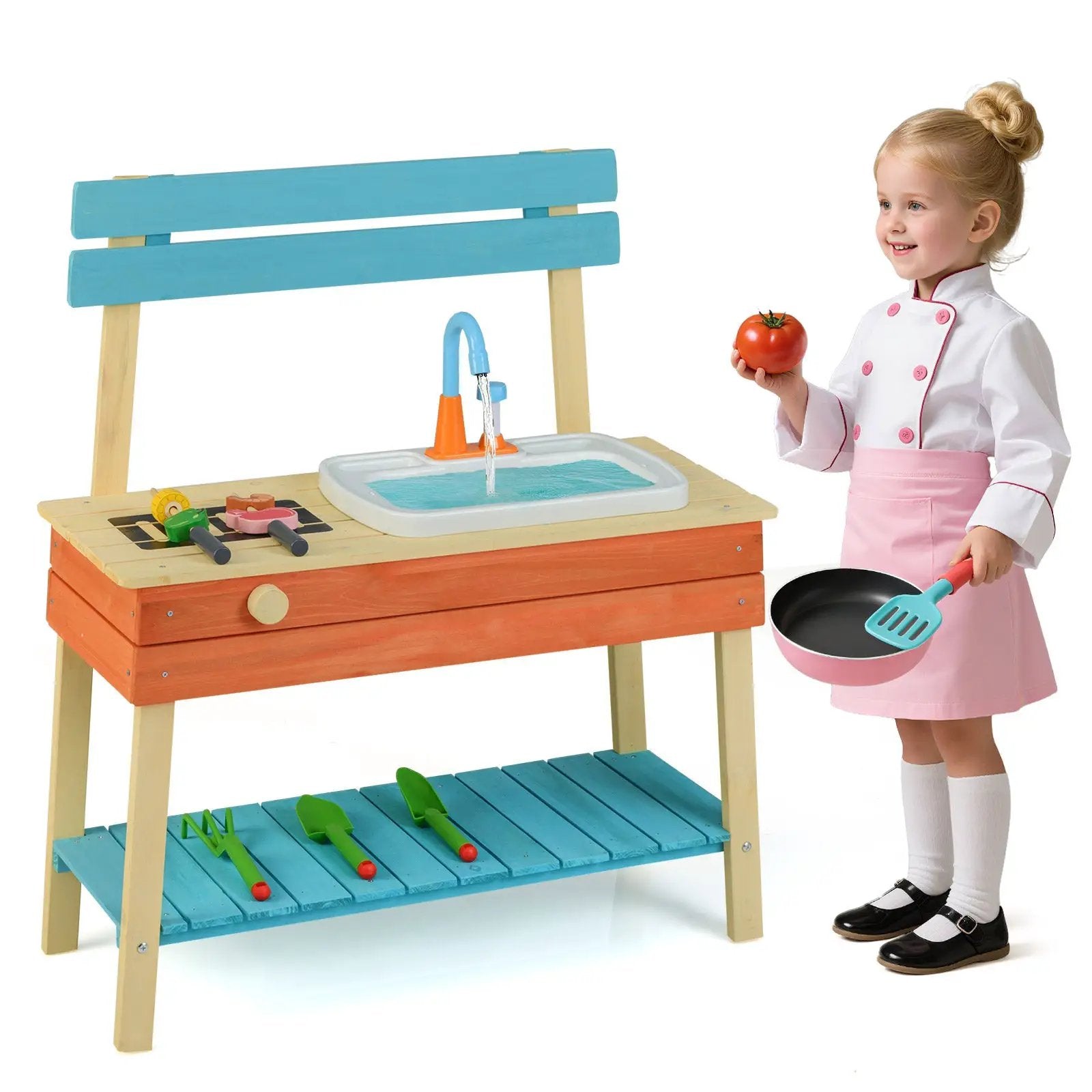 Kids Play Kitchen Set Wooden Kitchen Playset Chef Pretend Mud Kitchen-Blue by DirectDeals