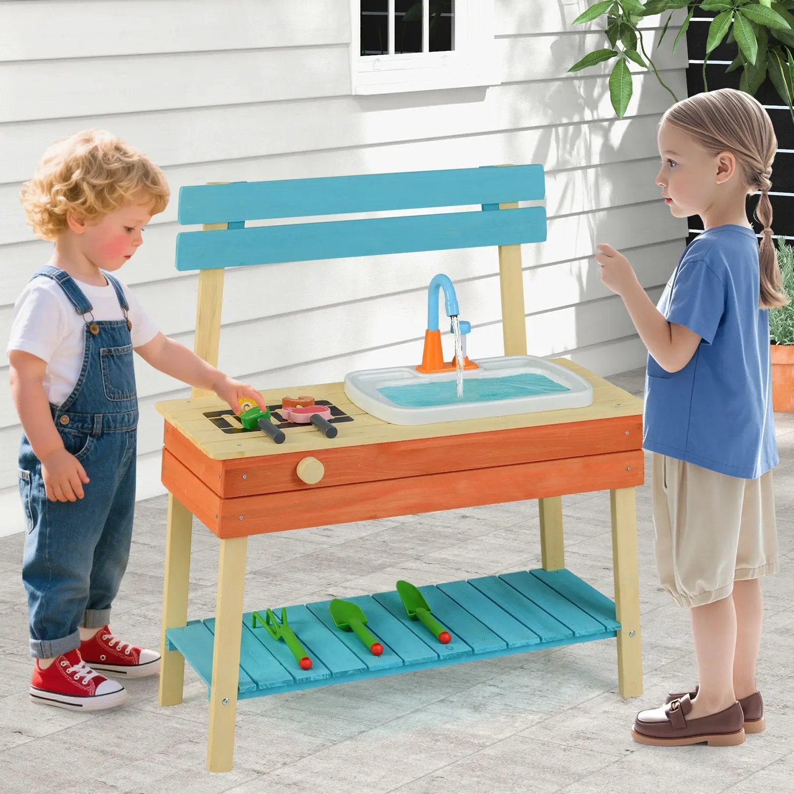 Kids Play Kitchen Set Wooden Kitchen Playset Chef Pretend Mud Kitchen-Blue by DirectDeals