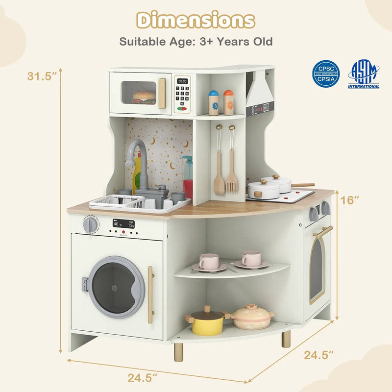 Kids Play Kitchen Wooden Corner Kitchen Playset with Working Faucet and Sink-Beige by DirectDeals