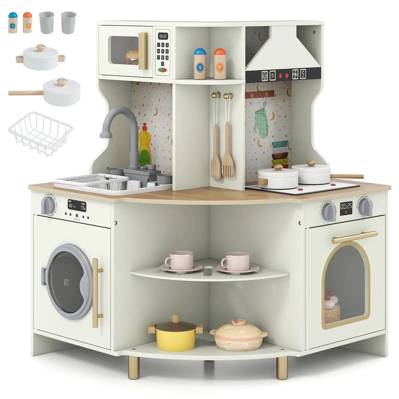 Kids Play Kitchen Wooden Corner Kitchen Playset with Working Faucet and Sink-Beige by DirectDeals