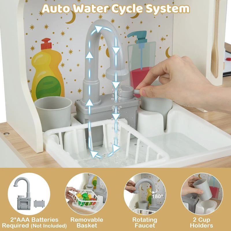 Kids Play Kitchen Wooden Corner Kitchen Playset with Working Faucet and Sink-Beige by DirectDeals