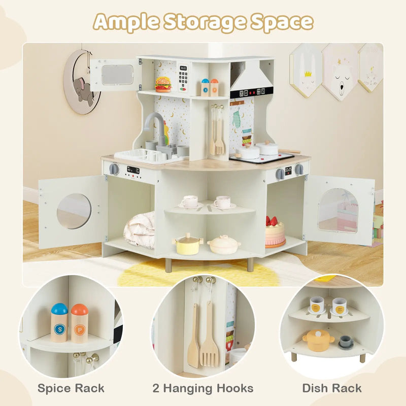 Kids Play Kitchen Wooden Corner Kitchen Playset with Working Faucet and Sink-Beige by DirectDeals