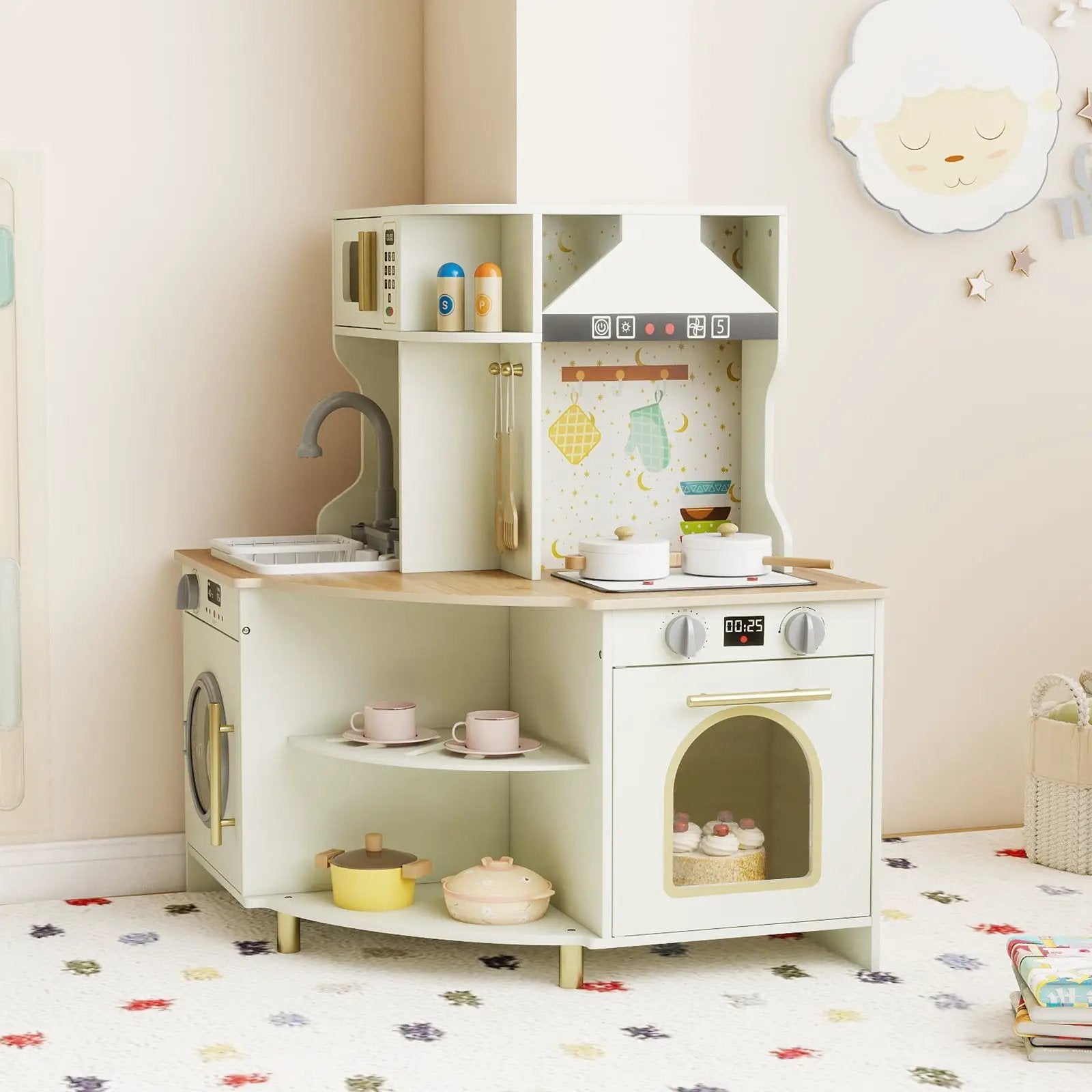 Kids Play Kitchen Wooden Corner Kitchen Playset with Working Faucet and Sink-Beige by DirectDeals