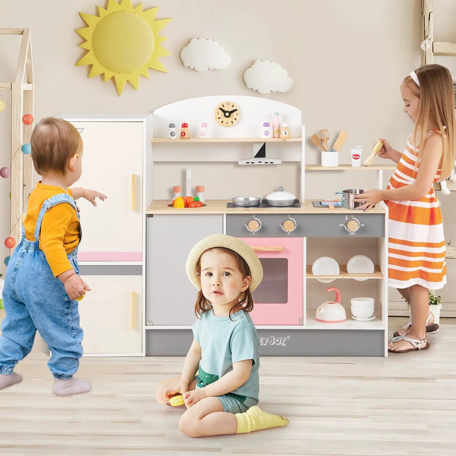 Kids Play Kitchen Set with Realistic Range Hood and Refrigerator by DirectDeals