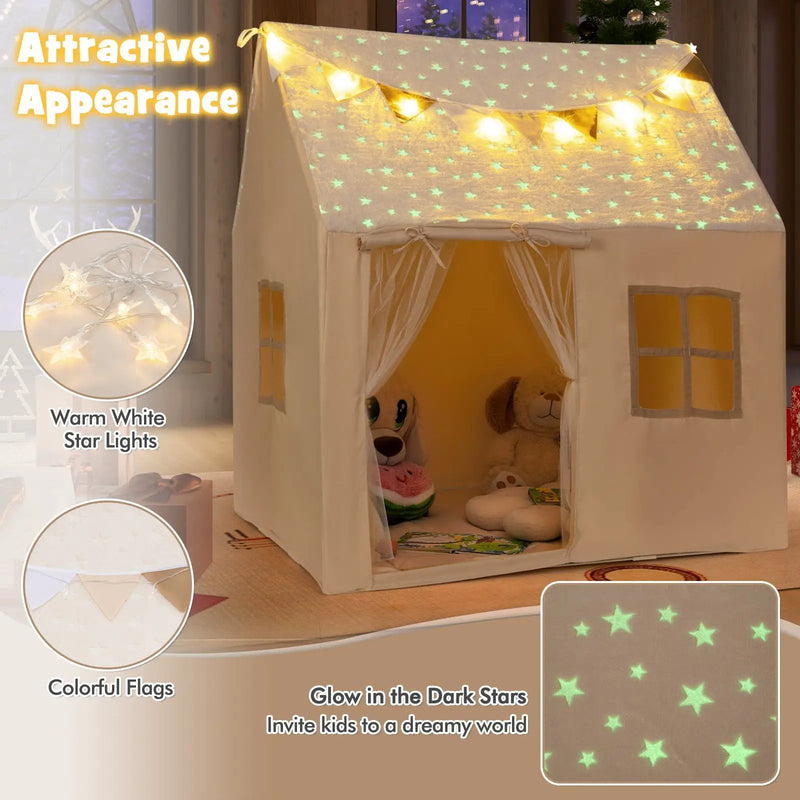 Kids Play Tent Large Playhouse with Glow in the Dark Stars and Mat-Beige by DirectDeals