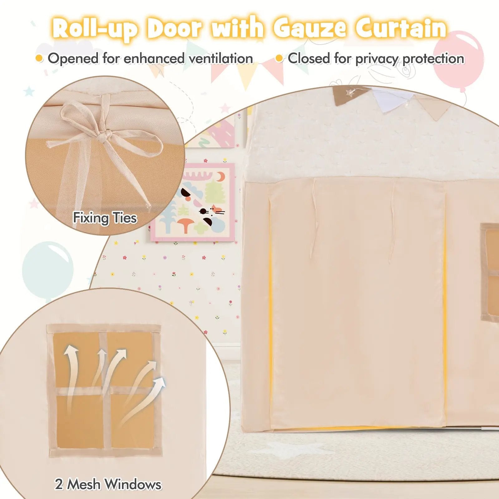 Kids Play Tent Large Playhouse with Glow in the Dark Stars and Mat-Beige by DirectDeals