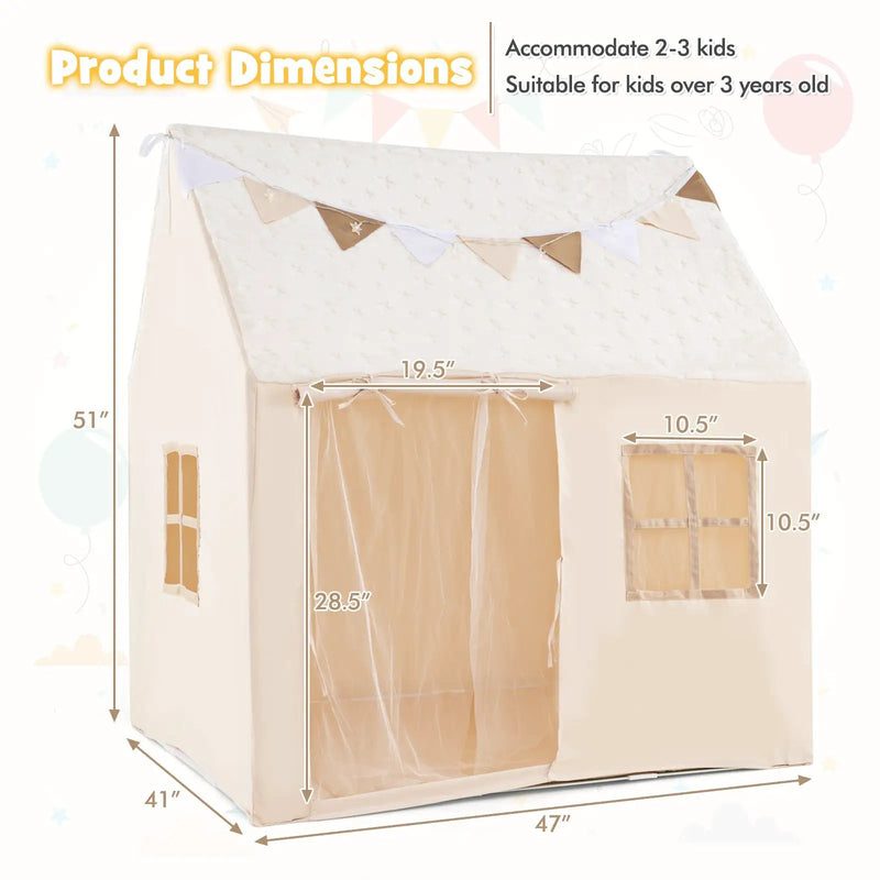 Kids Play Tent Large Playhouse with Glow in the Dark Stars and Mat-Beige by DirectDeals