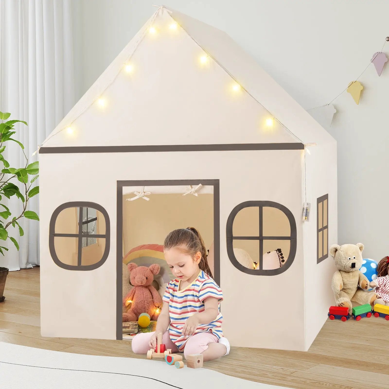 Kids Play Tent Large Playhouse with Door Curtain and Windows Star Lights by DirectDeals