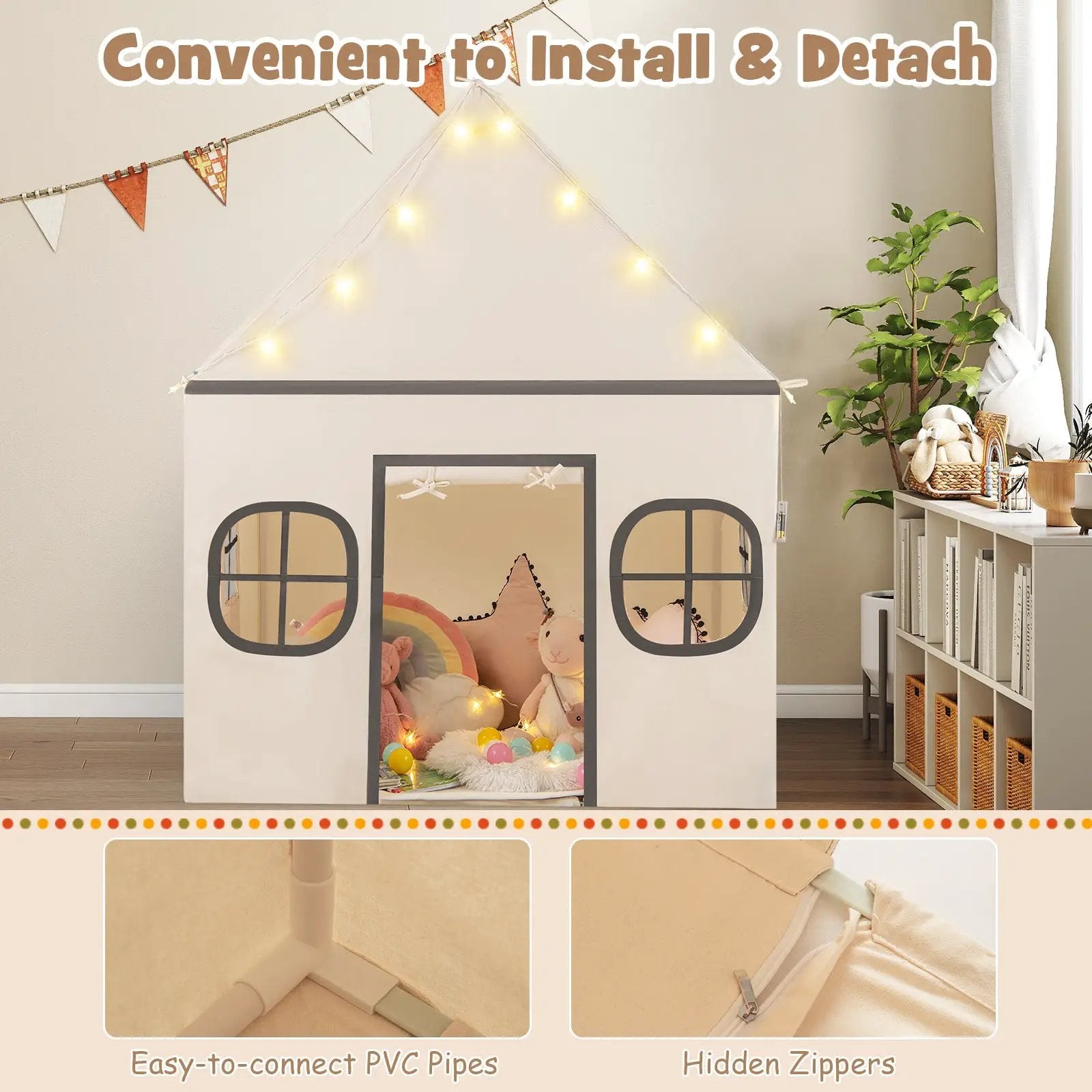 Kids Play Tent Large Playhouse with Door Curtain and Windows Star Lights by DirectDeals